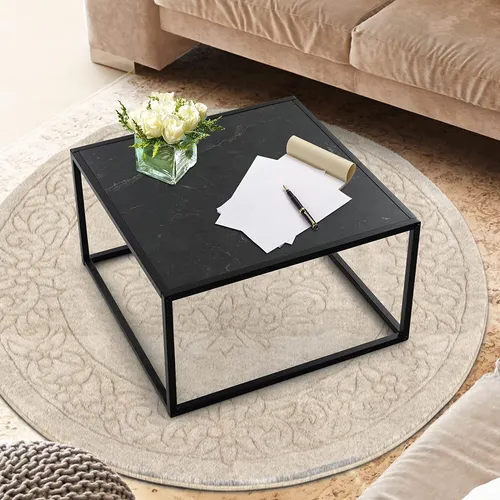 GOPLUS Couchtisch in Marmor Optik – Moderner Beistelltisch mit Metallgestell, 70 cm x 70 cm x 40 cm (Schwarz)