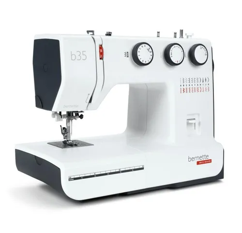 Bernette Freiarm-Nähmaschine 35 - Freiarm-Nähmaschine für Einsteiger mit 23 Stichen und 7 Nähfüßen, ideal für kreative Projekte und einfache Handhabung dank einfacher Drehknöpfe.