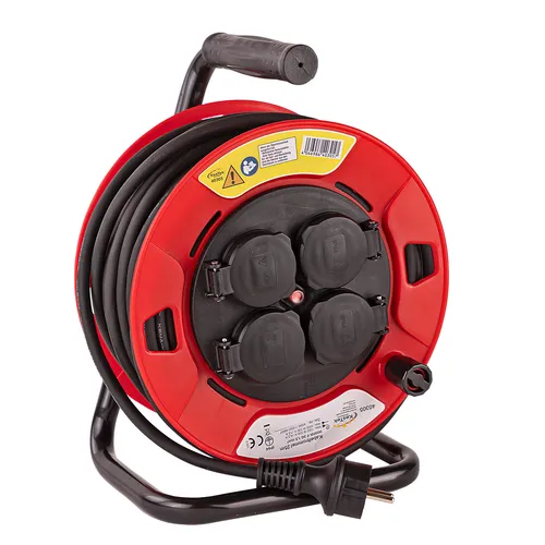 Kestek Kabelrolle 25m H05RR-F – Wetterfeste Kabeltrommel mit 4 Steckdosen - Kabeltrommel für den Außenbereich mit 25m Kabellänge, IP44 und 4 Steckplätzen. Ideal für Werkstätten und Gartenarbeiten, robust und wetterfest.