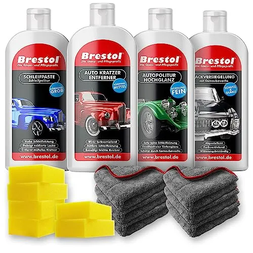 Komplettes Autopolitur Set für manuelle Anwendung - Kratzerentferner, Hochglanzpolitur, Lackversiegelung & Schleifpaste. Fahrzeugpflege-Set für Glanz, Kratzerentfernung, Lackvorbereitung inkl. Zubehör