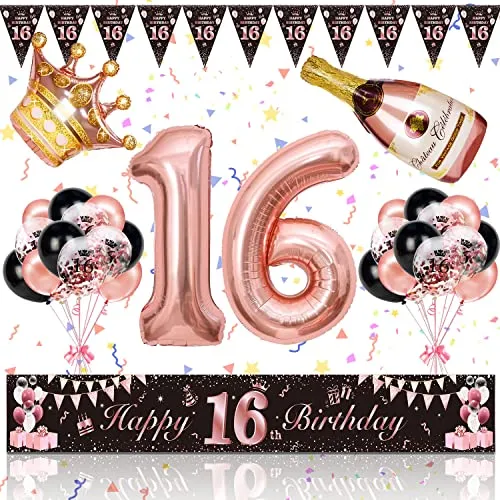 16. Geburtstag Mädchen Deko, Magiccute Geburtstagsdeko Mädchen Frauen Lange Happy Birthday Banner Girlande Wimpel und Schwarz Rosegold Konfetti Luftballons Deko Set