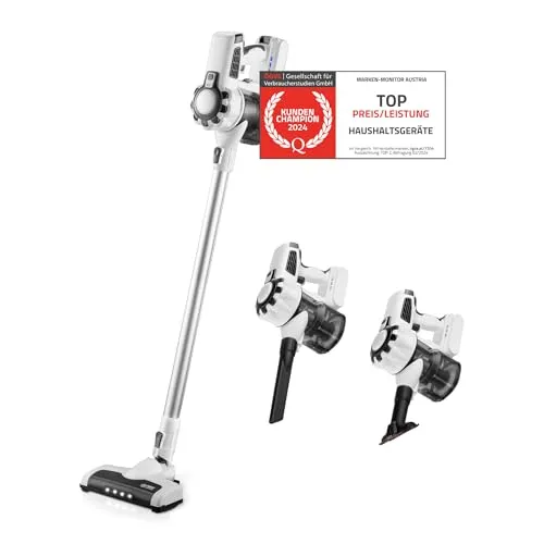 TZS FIRST AUSTRIA Akku-Stielstaubsauger 2-in-1 - Kabelloser Stielstaubsauger mit 120 W und 2200 mAh Akku für bis zu 40 Minuten Betriebsdauer. Mit LED-Beleuchtung und beutellosem System für effiziente Reinigung in jedem Winkel.