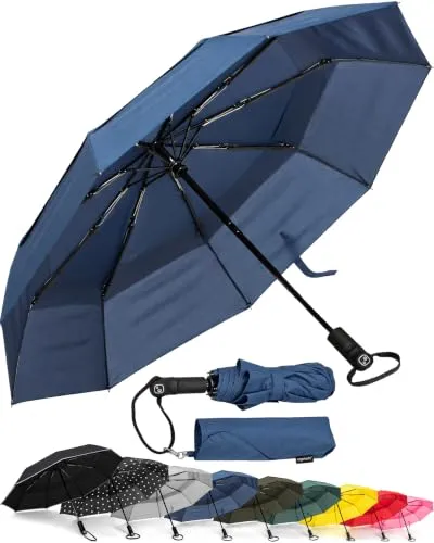 Ergonauts Reise-Regenschirm, winddicht, belüftet, mit doppeltem Schirmdach – mit Teflon-Beschichtung, ergonomischem Griff und Schutzhülle. Tragbar, kompakt, faltbar und leicht (Marineblau)