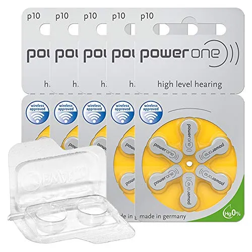 30x Power One 10 Hörgerätebatterien 5x6er Blister PR70 Gelb 24610 + Aufbewahrungsbox für 2 Hörgerätebatterien (10, 13, 312, 675), Batteriebox für 2 Knopfzellen bis 12 mm x 6 mm (Ø x H)
