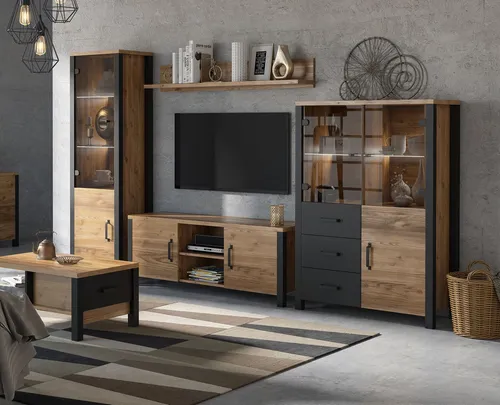 Wohnzimmer-Set 5-teilig: Appenzeller Fichte Schwarz - TV-Möbel & Schrankwände, stilvolles Industrial Design mit 17 Regalfächern und 4 Schubladen für optimalen Stauraum und elegante Akzente in Ihrem Wohnzimmer.
