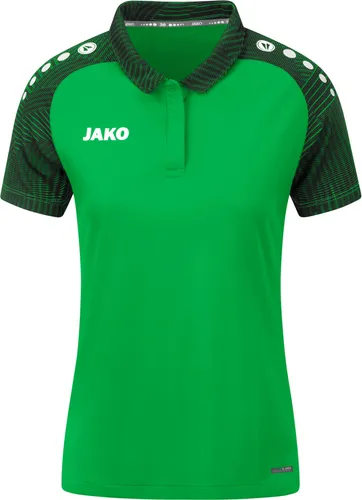 JAKO Damen Poloshirt Performance in Soft Green/Schwarz - Atmungsaktives Poloshirt aus 100% recyceltem Polyester mit stylischen Designelementen, ideal für sportliche Aktivitäten.