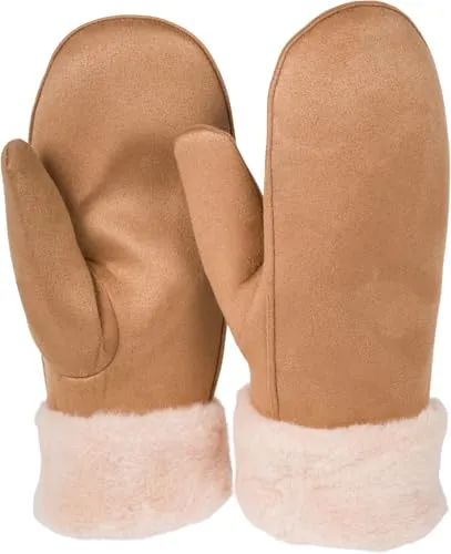 styleBREAKER Damen Winter Fäustlinge aus Veloursleder-Optik mit weichem Kunstfell-Bund - Warme Fausthandschuhe 09010048, Farbe:Camel