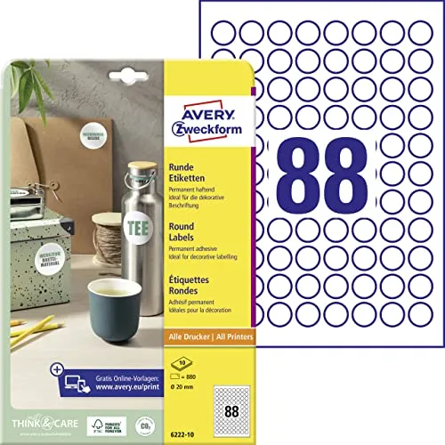 AVERY Zweckform 6222-10 Runde Etiketten (880 Klebepunkte, Ø20mm auf A4, runde Aufkleber zum Bedrucken, selbstklebende Produktetiketten, permanent haftende Marmeladenetiketten) 10 Blatt, weiß