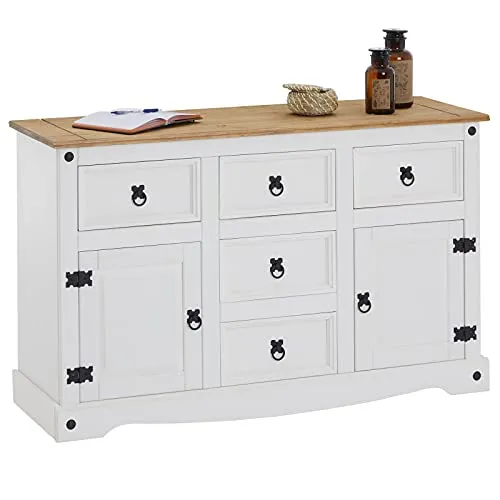 Sideboard Campo - Massivholz Kommode mit 5 Schubladen - Buffets im Landhausstil, aus massiver Kiefer, weiß lasiert, bietet viel Stauraum und passt perfekt in jedes Zimmer.
