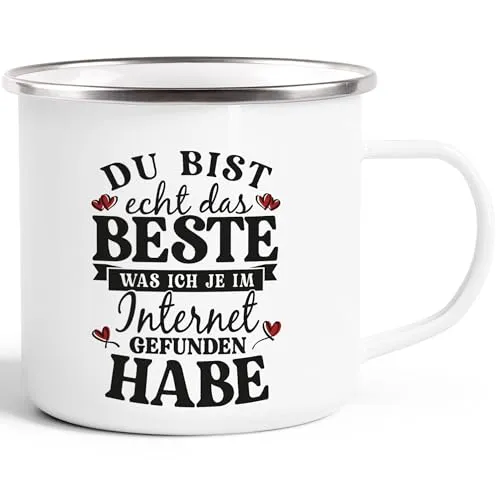 MoonWorks® Emaille-Tasse Liebe lustig Dating Internet Spruch Liebeserklärung Liebesbeweis Freund Freundin Partner Emaille-weiss-silber standard