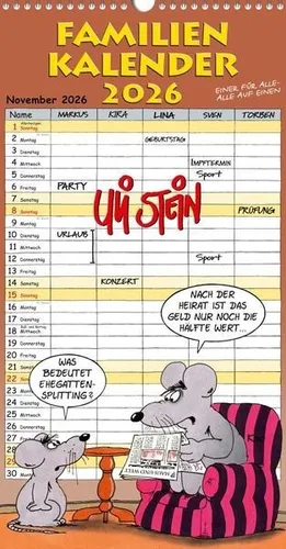 Uli Stein Familienplaner 2026 - Humorvoller 12-Monats-Kalender für die ganze Familie, mit 1 Monat pro Seite und praktischer Spiralbindung. Ideal zur Organisation im Jahr 2026.