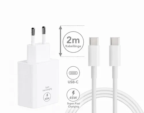 Ventarent 45W USB-C Ladegerät mit 2m Kabel für Samsung Galaxy S26 S25 S24 S23 USB-Ladegerät (3000 mA, Set, 2-tlg., Samsung Z Fold, Z Flip, Galaxy Tab, Google Pixel Serie, Schnellladegerät, Power Delivery, Samsung Galaxy, iPhone, Google Pixel)