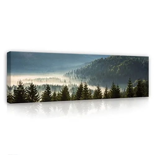 WallArena - Leinwand Bilder - Wald im Nebel Natur Landschaft - 145x45 cm Leinwandbilder - Bild auf leinwand - Wandbild XXL groß Wandbilder für Wohnzimmer Schlafzimmer Wohnzimmerbilder Modern