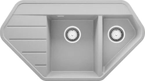 PRIMAGRAN Eckspüle Grau 90x50cm, Granitspüle 1,5 Becken + Ablauf-Set, Küchenspüle ab 70er Unterschrank - Kopenhagen Corner S005