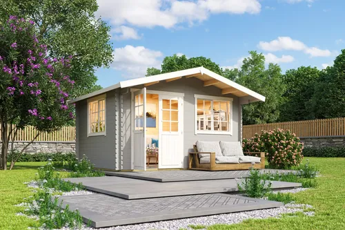 Gartenhaus Blockhaus Norderney 2, Satteldach 40 mm - Gartenhaus mit 11,15 m² Nutzfläche, doppelter Verglasung und abschließbaren Türen, ideal für Gartenliebhaber und als zusätzlicher Stauraum.