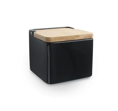 IBILI - Quadratischer schwarzer Salzstreuer aus Keramik mit Bambusdeckel, 11 x 11 x 9,9 cm