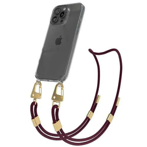 EAZY CASE - Handykette mit Karabiner kompatibel mit iPhone 16 Pro Max - Hülle Silikon Fallschutz transparente Hülle für Apple iPhone 16 Pro Max Kette zum Umhängen Schutzhülle Beere Transparent - Gold