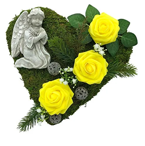 Grabgesteck Moosherz mit Rosen und Engel - Frische Gestecke & Kränze - Handgearbeitetes Moosherz mit Rosen und einem liebevollen 3D Engel, wetterfest und individuell gestaltet.