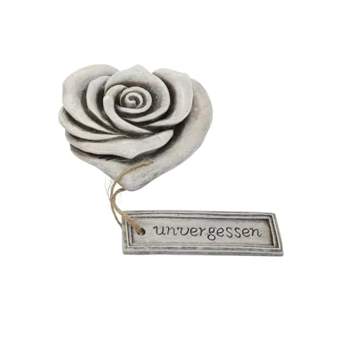 CULT at home Grabschmuck Rosen Herz „unvergessen“ – Grabdekoration Allerheiligen Steinherzen Grab Deko Grabstein – Rosenherz Gedenkstein fürs Grab Friedhof – aus Kunstharz Grau ca. 10 x 10 cm