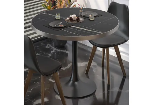 GGM Bistrotisch Ø:H 60 x 76 cm - Schwarz Marmor mit Edelstahl Rand - Stilvoller Bistrotisch für Gastronomie, aus langlebiger E1-Spanplatte mit HPL-Beschichtung und robustem Stahlgestell für höchste Stabilität und Komfort.