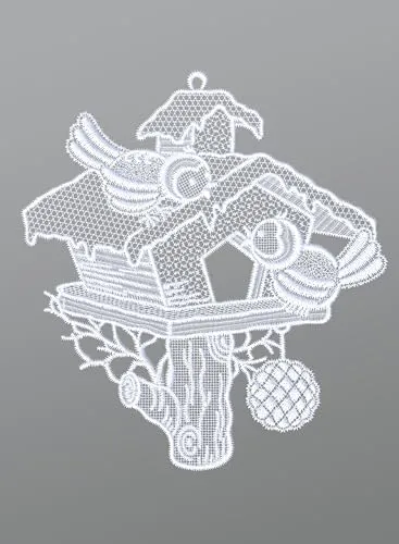 Plauener Spitze Fensterbild Vogelpaar mit Vogelhäuschen (Bx H) 20cm * 21cm Weiß Fensterdekoration Fensterschmuck