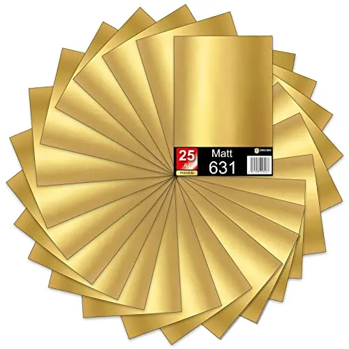 Din A4 Bögen je 29,7x21cm 621/631 Selbstklebende Plotterfolie im Set Folie Vinyl Folie zum Plotten DIY Bastelfolie Sticker Beschriftungen Aufkleber (Gold matt, 25er Set)