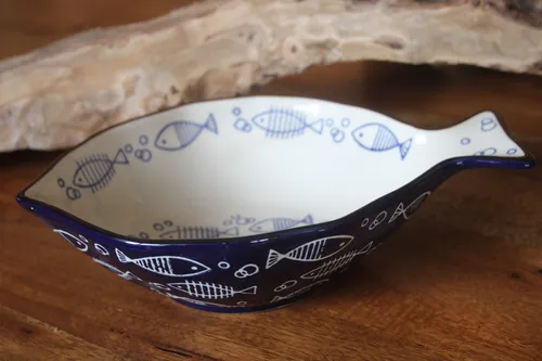 Mediterane Schale blau-weiß stoneware i.Fischform, L 23,5 cm, Servierschale