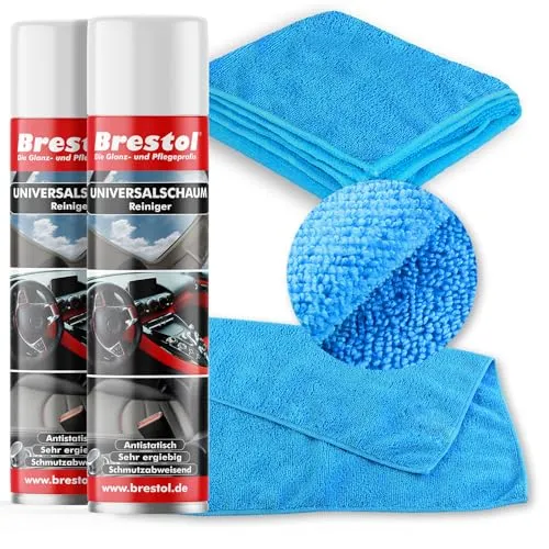 Brestol Autoreiniger Set2-2x 400 ml Dose + 2x Universaltuch - Universalreiniger Schaum Glasreiniger Scheibenreiniger Spiegelreiniger Fensterreiniger Reinigerschaum Universalschaum