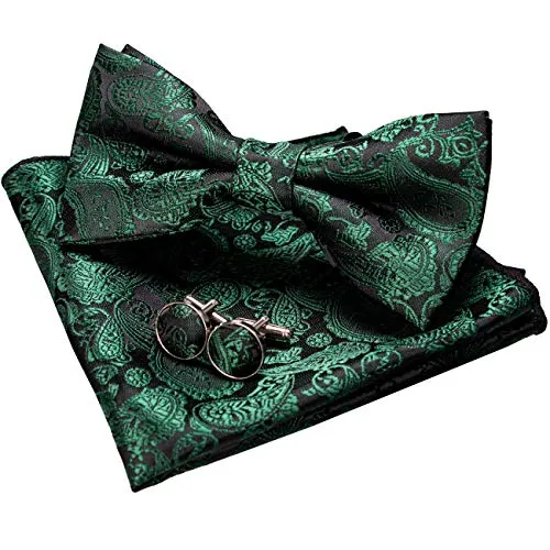 JEMYGINS Dunkelgrün Paisley Fliege und Einstecktuch mit Manschettenknöpfe Sets für Herren (Dunkelgrün2)