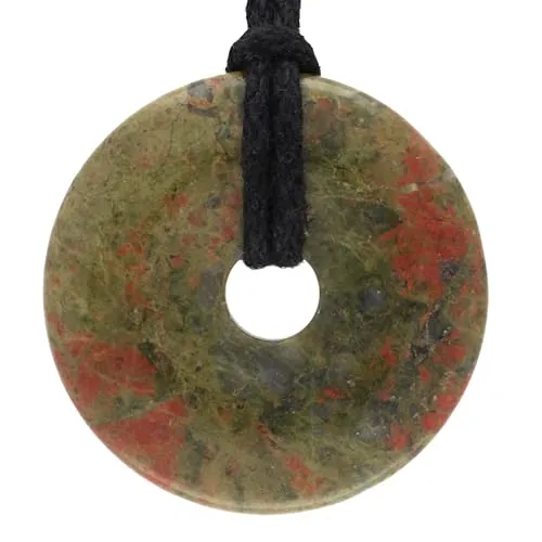 Lebensquelle Plus Edelstein Donut Ø 30 mm + Baumwollband | Naturstein Anhänger Halskette | Echte Heilsteinkette inkl. Band (Unakit (Epidot))