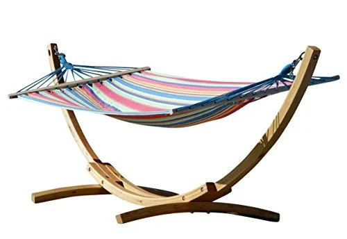 ALEOS. 320cm Hängemattengestell Blanca-Caleta Hängematte mit Gestell aus Holz Lärche Natur mit gestreifter Stabhängematte