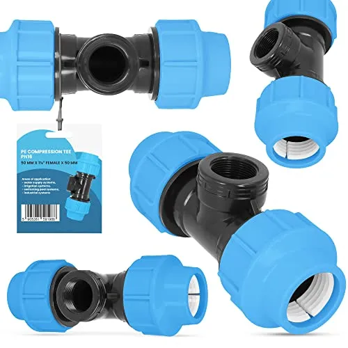 PE-Rohr T-Stück PN16 (50 mm x 1 1/4'' IG x 50 mm) Fitting Verbinder Wasserrohr Bewässerungssystem Verbindungsstück für Wasser Bewässerungssysteme Versorgungsleitung Pipeline Sprinklersystem