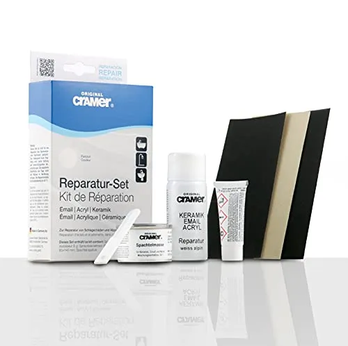 Cramer Reparatur-Set für Keramik, Email & Acryl, Alpin-Weiß, CRA16080DE, bei Abplatzungen & Kratzern, Set: 2-Komponenten-Spachtelmasse, Härter, Reparaturlack, Spachtel, Schleifmittel, 83961 7