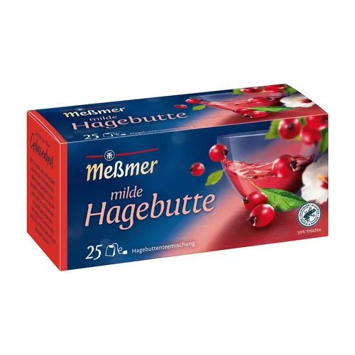 Meßmer Milde Hagebutte - Fruchtiger Tee mit Hibiskus - Teesorte: Früchtetee mit mildem Hagebuttengeschmack, harmonisch abgerundet mit Hibiskus und Brombeerblättern. Vegan, glutenfrei und nachhaltig produziert.