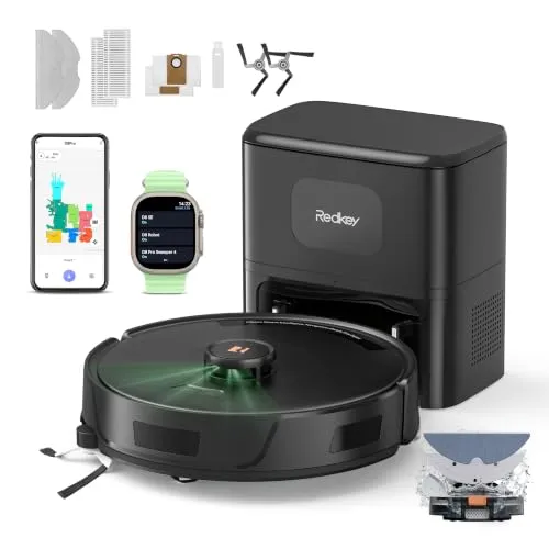 Redkey D8 Pro Saugroboter mit Wischfunktion, 38000Pa Saugroboter mit Absaugstation 4L, Anti-Haar-Verwicklung, LiDAR Navigation, 4-in-1 Saug und Wischroboter für Böden/Teppich/Tierhaare, APP Steuerung