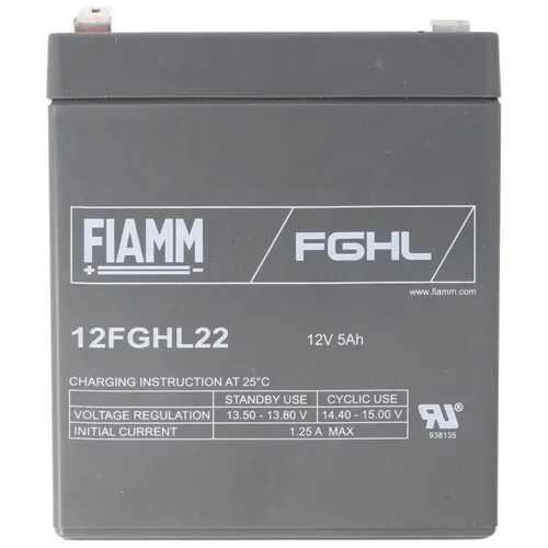 Fiamm 12FGHL22 Blei Akku 12V 5Ah mit Faston 6,3mm - Zuverlässiger Blei Akku mit 12 Volt und 5Ah, wartungsfrei und hochstromfähig. Ideal für verschiedene Anwendungen dank robuster Bauweise und geringer Selbstentladung.