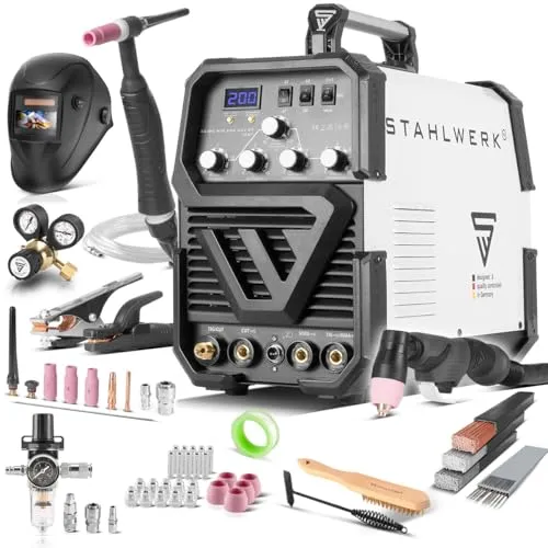 STAHLWERK 3 in 1 Schweißgerät AC/DC WIG 200 - Vielseitiges Schweißgerät für WIG, MMA & Plasmaschneiden bis 200 A, ideal für Edelstahl und Aluminium. Inklusive Schweißhelm und 7 Jahre Herstellergarantie.