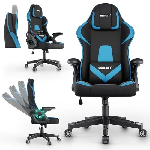 Onbest Ergonomischer Gaming-Stuhl mit Lordosenkissen, bis 150kg - Ergonomischer Gaming-Stuhl für komfortable lange Sessions, bis 150kg belastbar, mit verstellbaren Armlehnen und 360° Rollen für maximale Flexibilität.