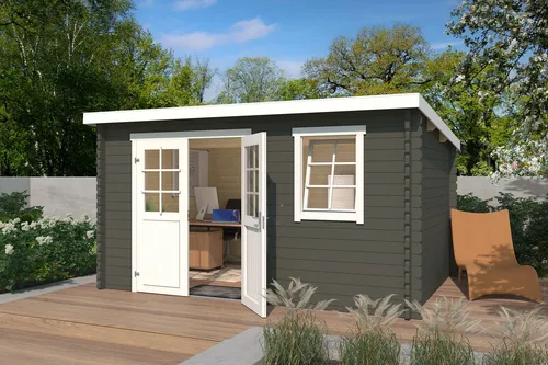 Gartenhaus Blockhaus Pultdach Amira 275 in grün 400x295 cm