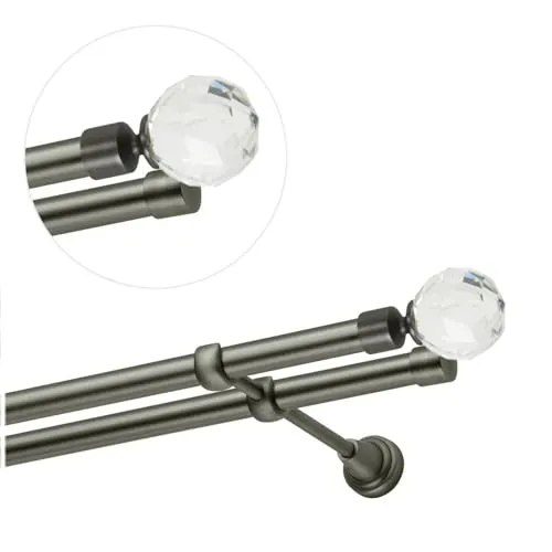 Gardinenstange 240 cm für Wandmontage, Vorhangstange 19 mm 2-läufig Antik Stahl, Gardinenstangenset mit Kugel Kristall