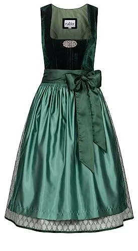 Nübler Dirndl midi Damen Marlies SAMT Grün - 2-teilig Set mit Kleid und Schürze, Samtoberteil, Ornamentenmuster Rock, Schimmernde Schürze, Reißverschluss, eckiger Ausschnitt mit Schnalle, Größe:38