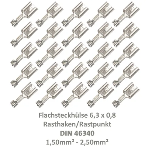 Flachsteckhülse 6,3x0,8 Kabelschuh unisoliert 1,50²-2,50² DIN 46340 Rasthaken 25