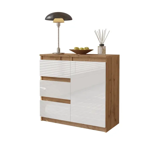 Kommode 80 cm Eiche Wotan / Weiß Hochglanz