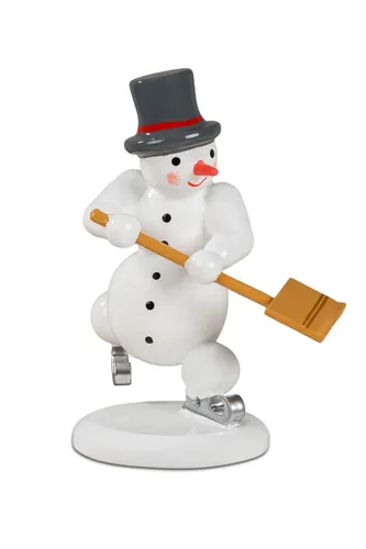 Miniatur Schneemann mit Zylinder und Schneeschieber - Weihnachtsdekoration, handgefertigte Holzfigur aus Deutschland, Höhe ca. 6,5 cm, ideal für festliche Tischdekoration oder als Geschenk.