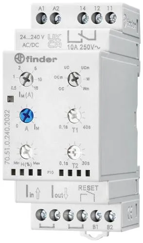 Finder Überwachungsrelais 70.51.0.240.2032 - Multifunktions-Stromüberwachung für DIN-Schiene, einstellbar für AC/DC bis 240 V mit 10 A, inklusive Memory-Funktion und LED-Statusanzeige.