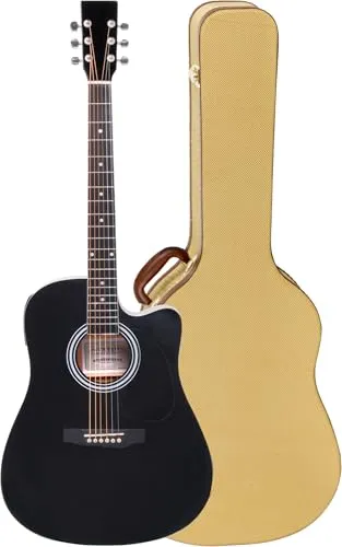 Classic Cantabile WS-10BK-CE Westerngitarre Hardcase Set - Dreadnought-Style mit Cutaway - Decke, Boden, Zargen: Linde - Tonabnehmer - 3-Band-EQ - Stimmgerät - inklusive Tweed-Koffer - Schwarz