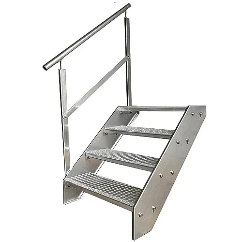 Kaminbau Mierzwa Premium Stahl Treppe Geländer Links Verzinkt 4 Stufen (600 mm Breite) - Wetterfeste und korrosionsgeschützte Gartentreppe aus hochwertigem Stahl. Ideal für vielfältige Außenanwendungen, mit kindersicherem Geländer und einfacher Montage. Made in Germany mit 3 Jahren Garantie.