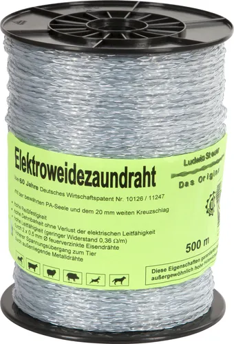 Kerbl Original Steuer-Litze 500 m - Hohe Reißfestigkeit - Weidezäune - Diese Steuer-Litze bietet durch 2 feuerverzinkte Eisendrähte hervorragende Leitfähigkeit und eine hohe Bruchlast von 45 kg, ideal für sichere Tierhaltung.