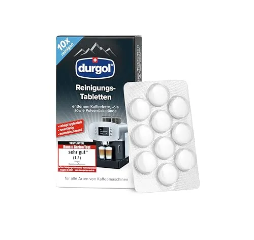 durgol Reinigungs-Tabletten – Reinigt, schützt und pflegt Kaffeemaschinen aller Typen und Marken – Biologisch abbaubar – Deutsche Version – 1 x 10 Tabletten