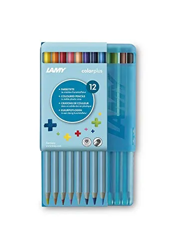 Lamy colorplus Kunststoffetui mit 12 Farbstiften - leuchtende Farbmotive - aus massivem Lindenholz mit ergonomischer Dreieckform - Dicke Mine Ø 3,3 mm, Farbstift Ø 7,2 mm